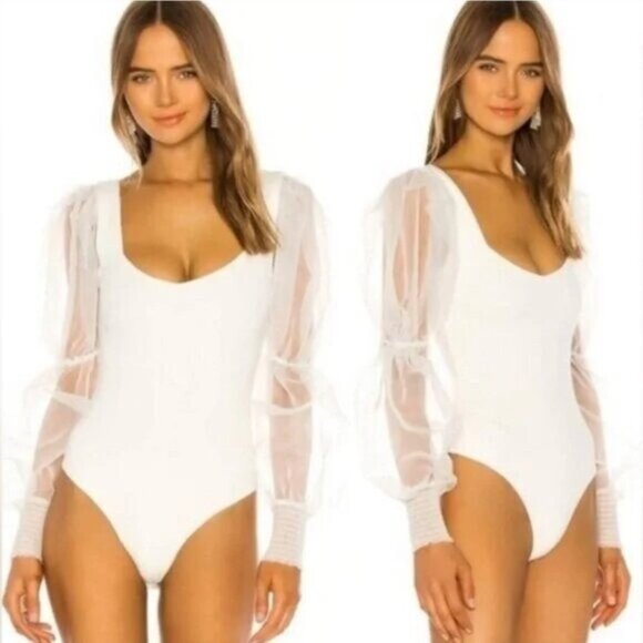 Revolve NBD S Blaine Bodysuit Bridal Bachelorette White Organza Sleeve Sheer - Picture 7 of 7